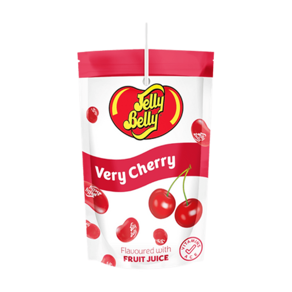 Une petit berlingot blanc et rouge, avec en bas à droite une cerise et plein de Jelly Belly rouge et une paille blanche. Le tout sur fond blanc